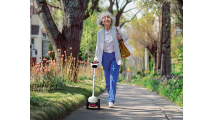 Strong AI render of a woman walking with latest version of Glide (the most recent designs) down a sidewalk in a leafy neighborhood.  Image provided by Glidance.